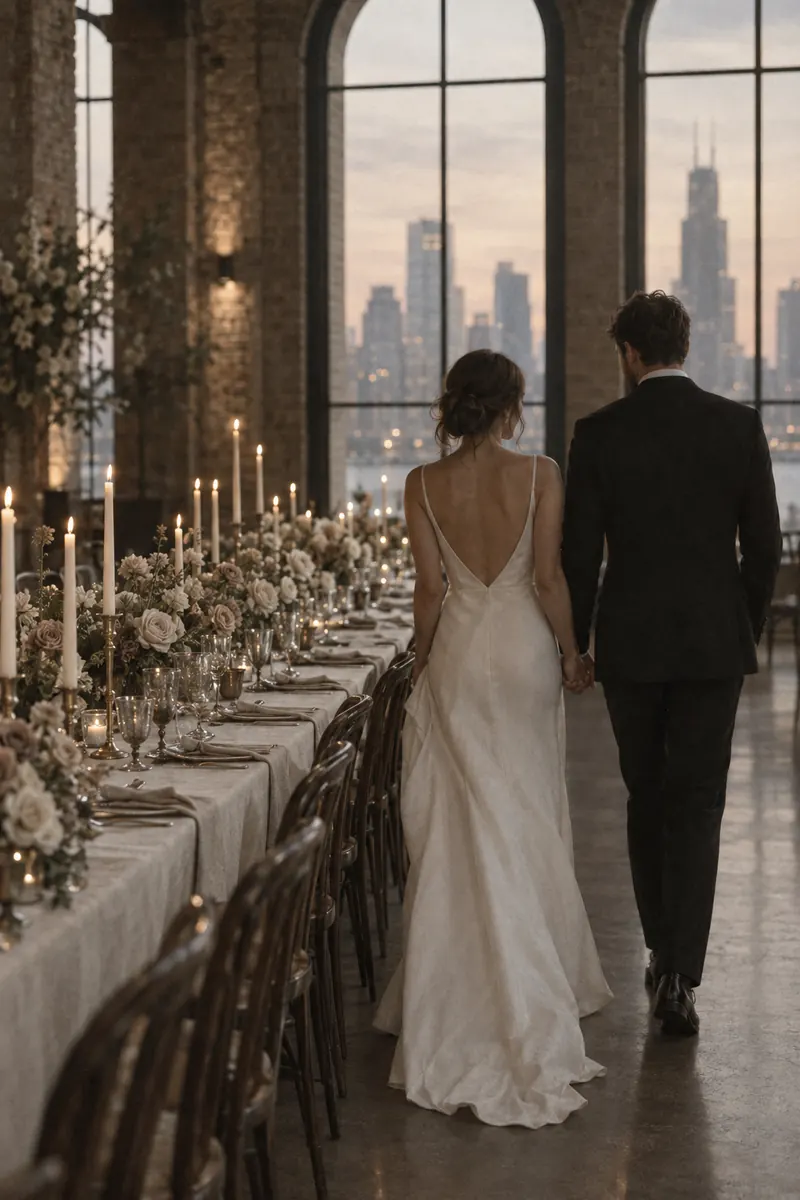 Couple walking hand in hand past a long candlelit reception table