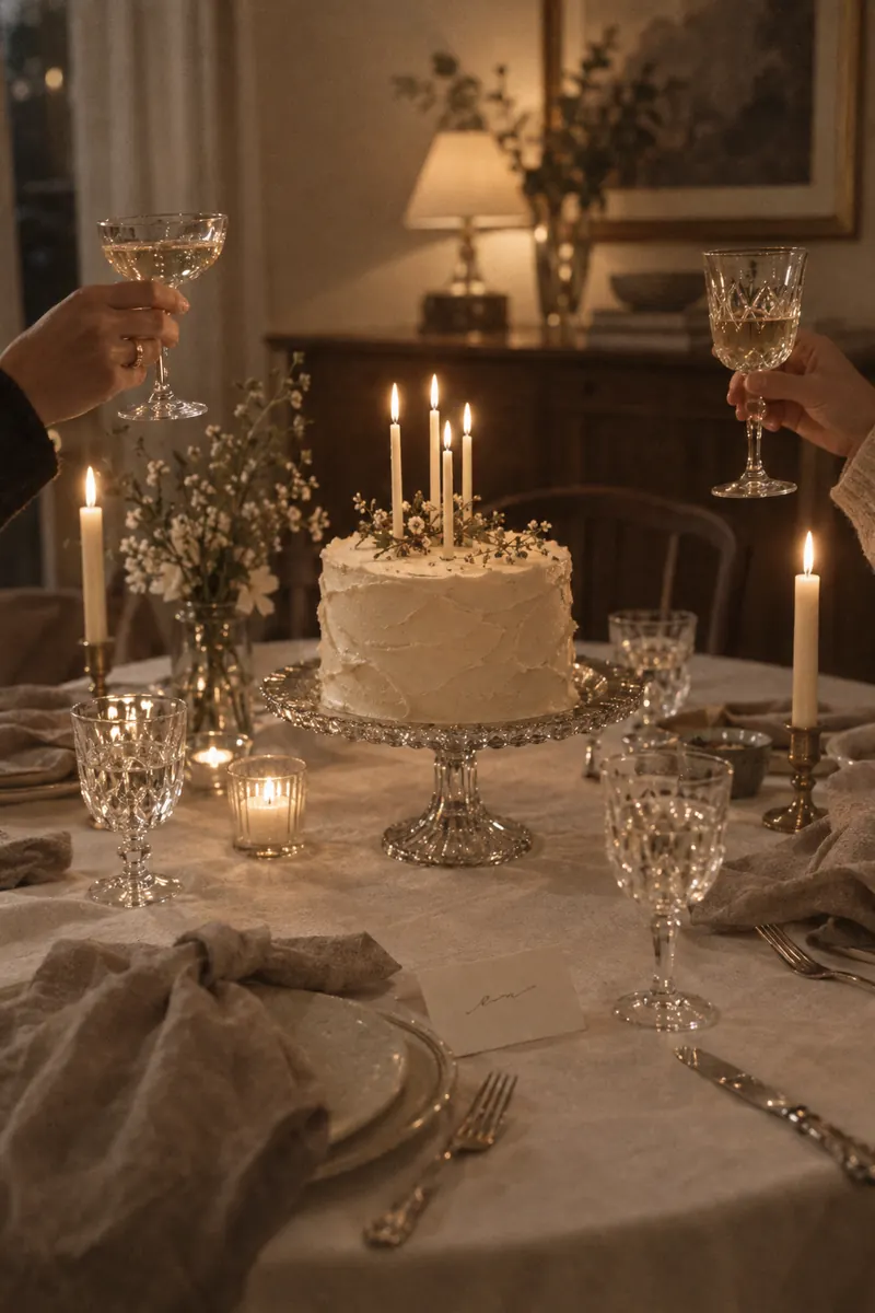 Birthday cake on a vintage glass stand with glasses raised in candlelight