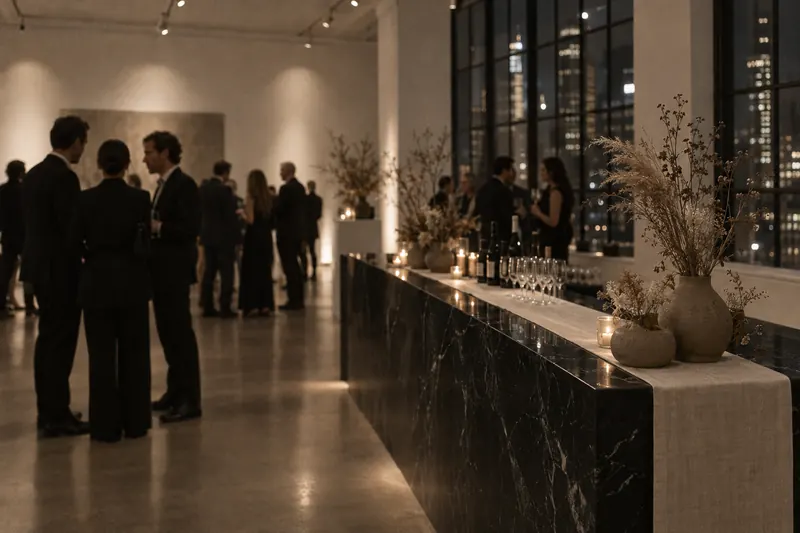 Guests in conversation at a marble bar in a gallery at night