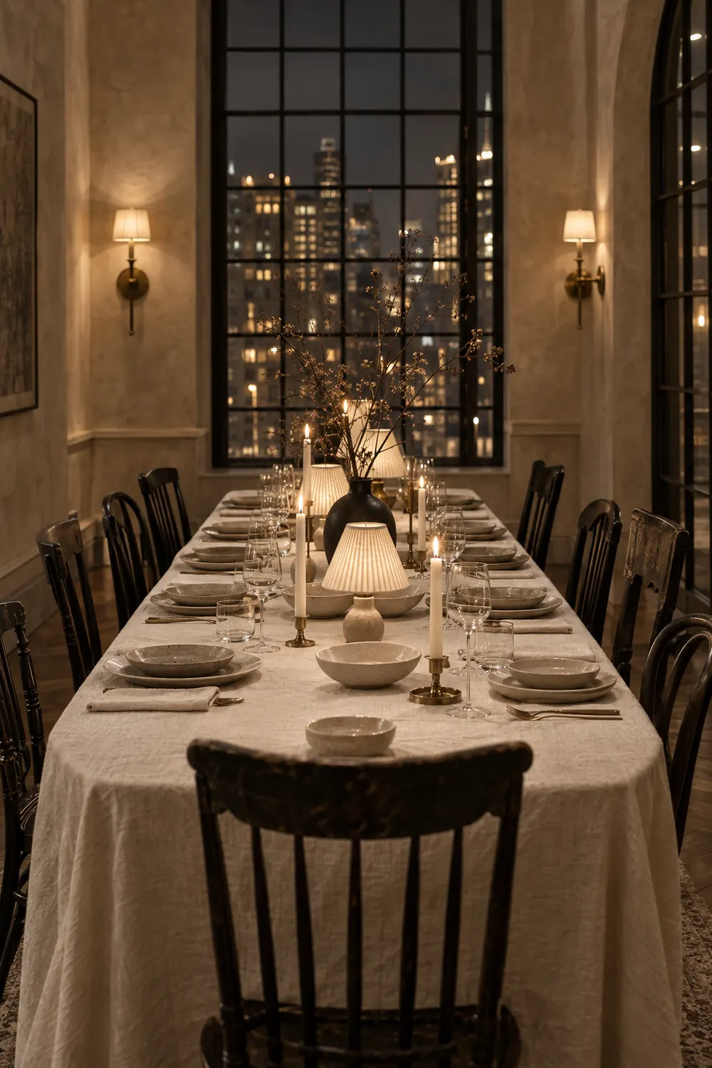 Long dinner table at night in a taupe plaster dining room