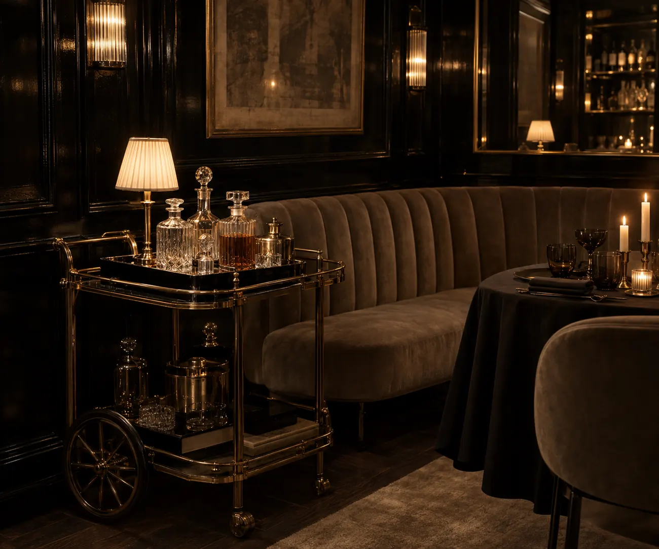 Low-lit cocktail bar with a vintage brass bar cart